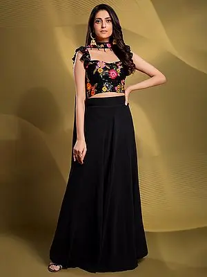 Black Georgette Lehenga Floral Sequin-Thread Embroidered Choli with Dupatta