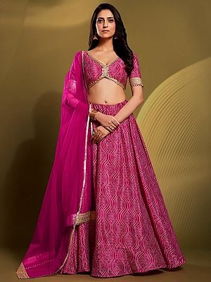 Pink Crepe All-Over Ogee Pattern Lehenga Choli with Matching Dupatta