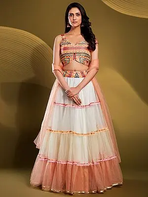 Soft Net Multicolor Thread Work Ruffle Lehenga With Art Silk Choli And Dupatta