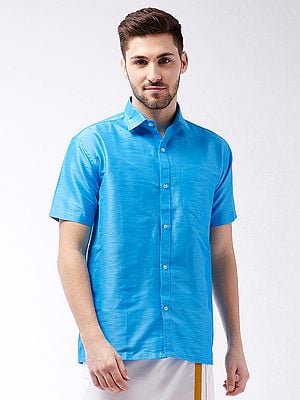 Aqua-Blue Silk Blend Ethnic Half Sleeves Shirt