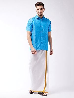 Aqua-Blue Silk Blend South Indian Style Half Sleeve Shirt With White Mundu