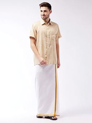 Beige Cotton Blend Half Sleeve South Indian Style Shirt With White Mundu