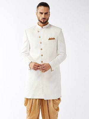 White Polyester Lurex Blend Angrakha Plain Weave Sherwani