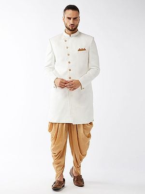 White Polyester Lurex Blend Plain Weave Angrakha Sherwani With Cotton Blend Patial Style Rose-Gold Dhoti
