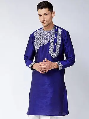 Silk Blend Bengali Traditional Angrakha Pattern Embroidered Kurta