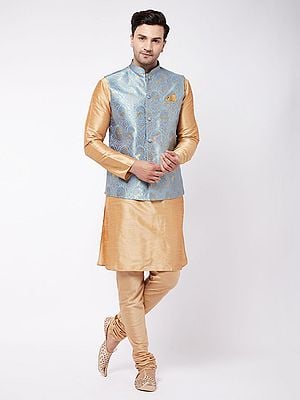Rose-Gold Silk Blend Kurta Pajama With Grey Banarasi Brocade Modi Jacket