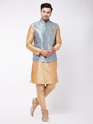 Rose-Gold Silk Blend Kurta Pajama With Grey Banarasi Brocade Modi Jacket