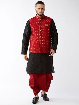 Silk Blend Kurta With Traditional Dhoti And Square Pattern Modi Jacket
