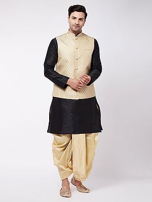 Silk Blend Black Kurta And Dhoti With Banarasi Brocade Modi Jacket