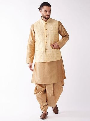 Silk Blend Dhoti Kurta With Banarasi Jacquard Square Pattern Modi Jacket