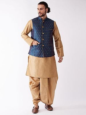 Silk Blend Dhoti Kurta With Banarasi Jacquard Square Pattern Modi Jacket