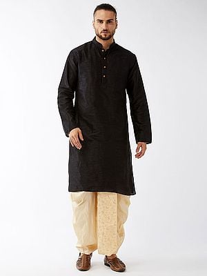 Silk Blend Calf Length Kurta And Floral Jaal Pattern Embroidered Dhoti