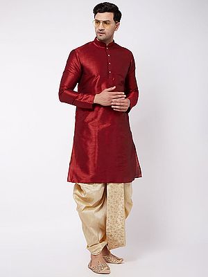 Silk Blend Calf Length Kurta And Floral Jaal Pattern Embroidered Dhoti