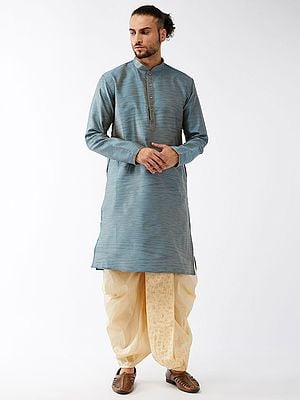 Silk Blend Kurta And Phool Jaal Pattern Embroidered Traditional Dhoti