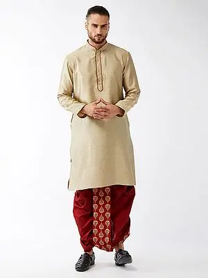 Silk Blend Beige Butti Motif Kurta With Mango Pattern Embroidered Dhoti