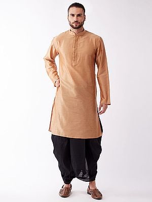 Silk Blend Men's Solid Kurta With Traditional Dhoti