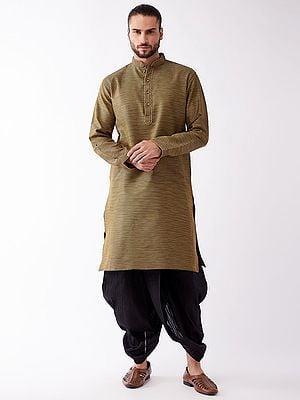 Silk Blend Beige Butti Motif Kurta With Traditional Style Plain Dhoti