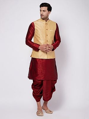 Silk Blend Solid Dhoti Kurta With Banarasi Bundi Motif Modi Jacket