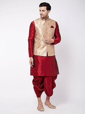 Silk Blend Maroon Dhoti Kurta With Banarasi Floral Pattern Golden Modi Jacket