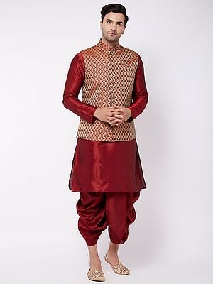 Silk Blend Maroon Dhoti Kurta With Banarasi Mughal Butti Diamond Pattern Modi Jacket