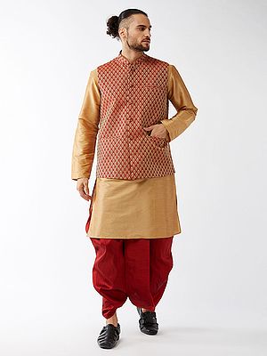 Silk Blend Maroon Dhoti Kurta With Banarasi Mughal Butti Diamond Pattern Modi Jacket