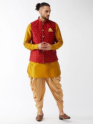 Silk Blend Short Kurta With Cotton Blend Cowl Style Patiala Dhoti And Bundi Motif Modi Jacket