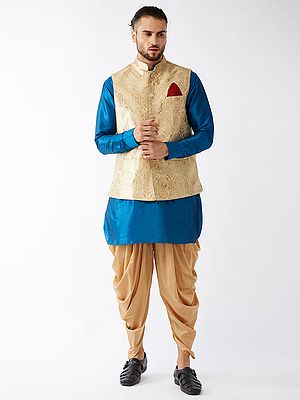 Silk Blend Short Kurta With Cotton Blend Dhodi And Cotton Satin Blend Floral Pattern Modi Jacket