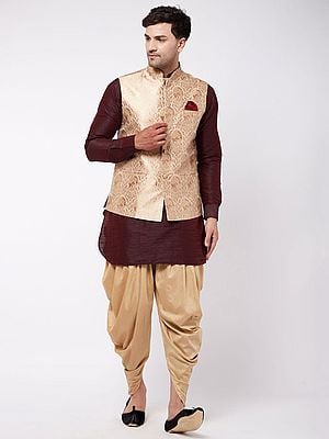 Silk Blend Short Kurta With Cotton Blend Dhodi And Cotton Satin Blend Floral Pattern Modi Jacket