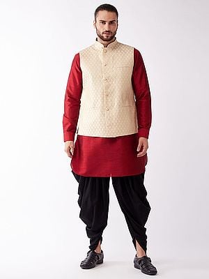 Silk Blend Cuff Sleeves Kurta With Cotton Blend Dhoti And Diamond Pattern Cream Modi Jacket