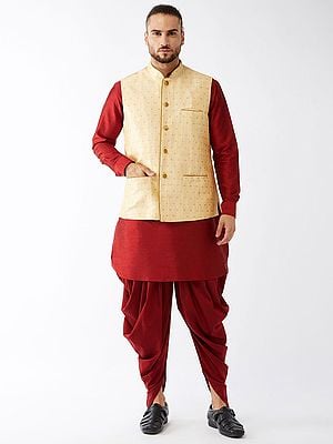 Silk Blend Cuff Sleeve Kurta With Modi Jacket And Cotton Blend Patiala Style Dhoti