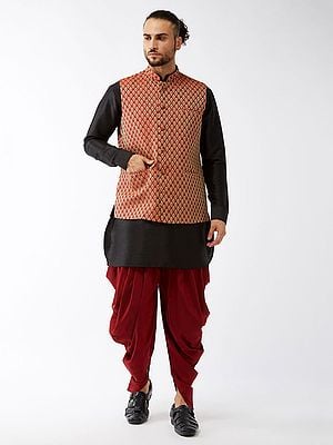 Silk Blend Kurta With Cotton Blend Dhoti And Banarasi Brocade Woven Jacquard Modi Jacket