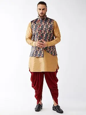 Silk Blend Kurta With Cotton Blend Dhoti And Cotton Satin Blend Mango Motif Digital Print Jacket