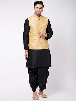 Silk Blend Black Dhoti Kurta And Bundi Pattern Modi Jacket