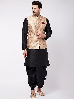 Silk Blend Black Dhoti Kurta And All-Over Floral Pattern Modi Jacket