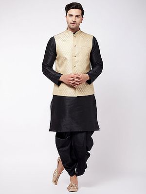 Silk Blend Black Dhoti Kurta And Diamond Pattern Cream Modi Jacket