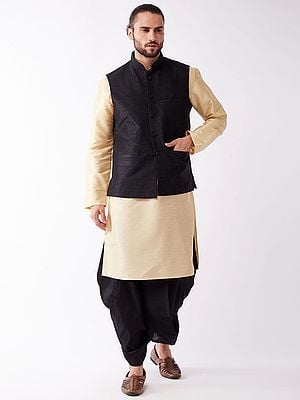 Silk Blend Mid-Length Kurta With Dhoti And Black Modi Jacket
