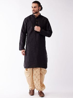 Silk Blend Plain Kurta With Floral Jaal Embroidered Dhoti