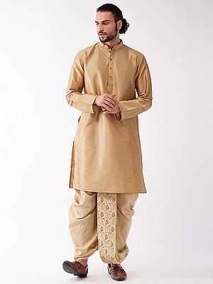 Silk Blend Plain Kurta With Floral Jaal Embroidered Dhoti