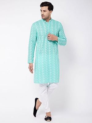 Lukhnowi Chikankari Pure Cotton Kurta With Cotton Lycra Pant Style Pajama