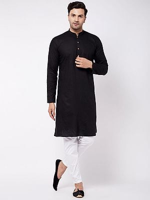 Cotton Linen Plain Solid Kurta And White Pant Style Pajama With Side Pocket