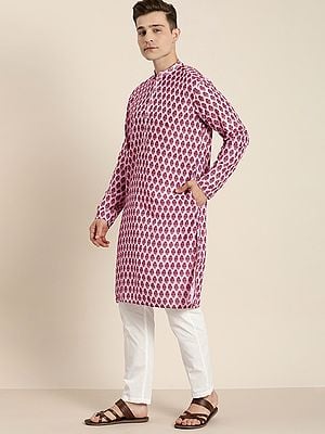 Cotton Blend Ethnic Motif Printed Knee Length Kurta With Pant Style Pajama