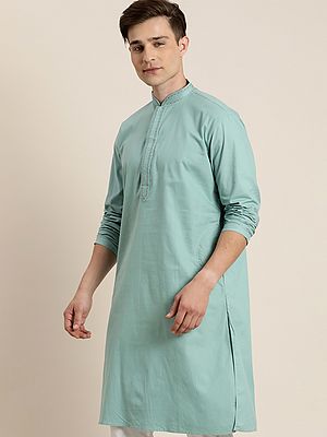 Green Cotton Twill Kurta With Resham Embroidery On Neck