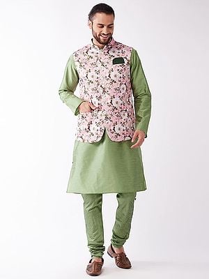 Silk Blend Plain Kurta Pajama With Digital Floral Print Pink Modi Jacket