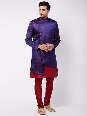 Silk Blend Maroon Kurta Pajama And Asymmetrical Style Blue Sherwani