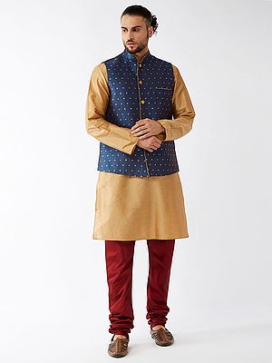 Silk Blend Kurta And Churidar Pajama With Bundi Pattern Modi Jacket