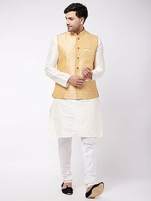 Silk Blend Kurta And Churidar Pajama With Bundi Pattern Modi Jacket