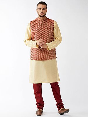 Silk Blend Kurta With Churidar Pajama And Banarasi Brocade Woven Jacquard Modi Jacket