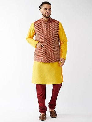 Silk Blend Kurta With Churidar Pajama And Banarasi Brocade Woven Jacquard Modi Jacket