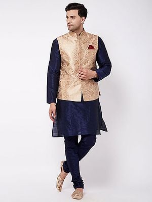 Silk Blend Kurta With Churidar Pajama And Floral Pattern Brocade Modi Jacket