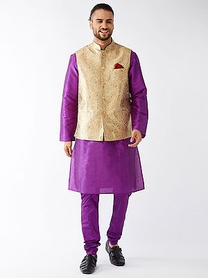 Silk Blend Kurta With Churidar Pajama And Floral Pattern Brocade Modi Jacket